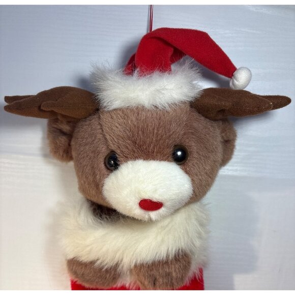 Reindeer Plush Christmas Stocking 21" Red & Brown Fuzzy Holiday Decor Cute - Picture 2 of 7